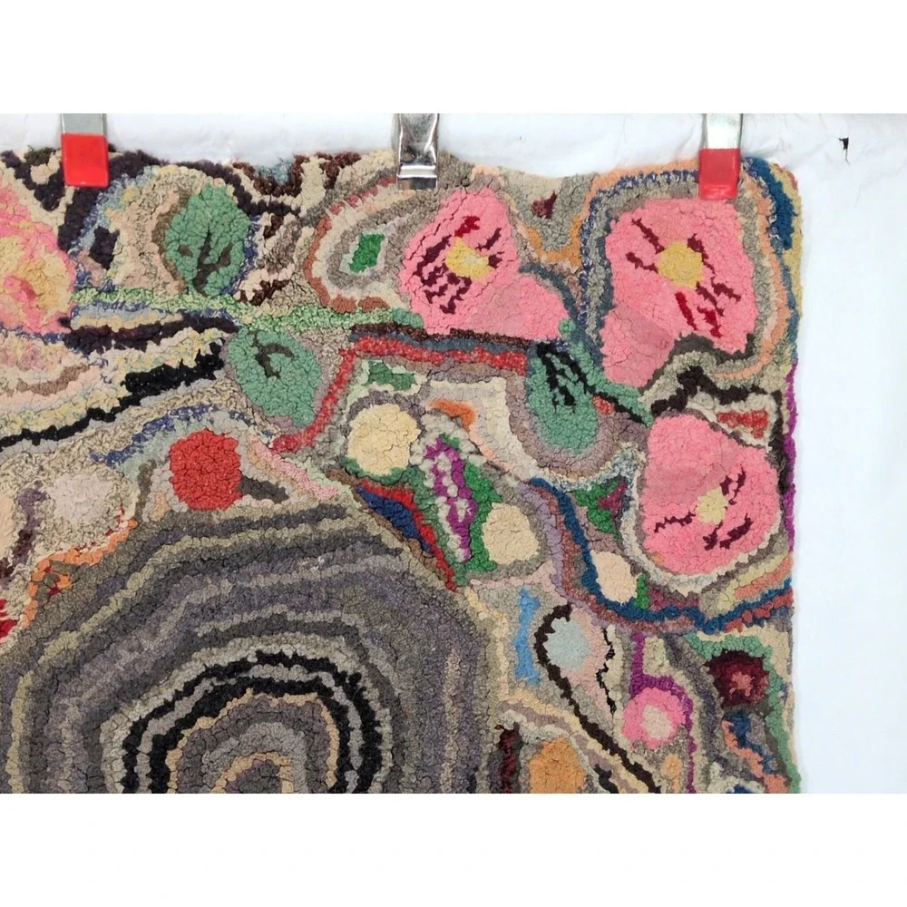 VTG Antique Hand Hooked Rug Wool Crazy Unique Folk Art Handmade Hit Or Miss